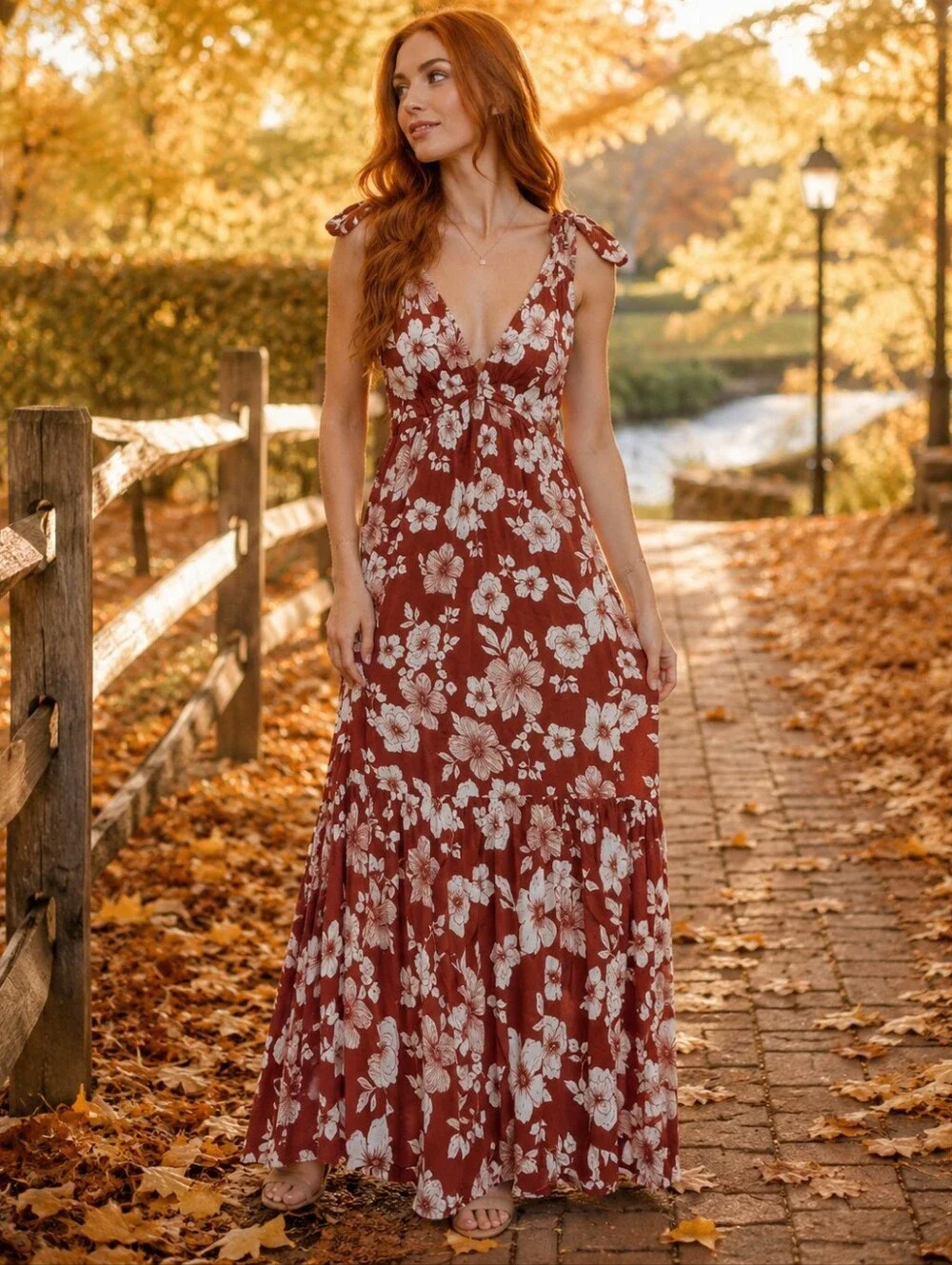 Abercrombie & Fitch Red Brick Brown Floral Tie Maxi Dress Small S Fall Winter